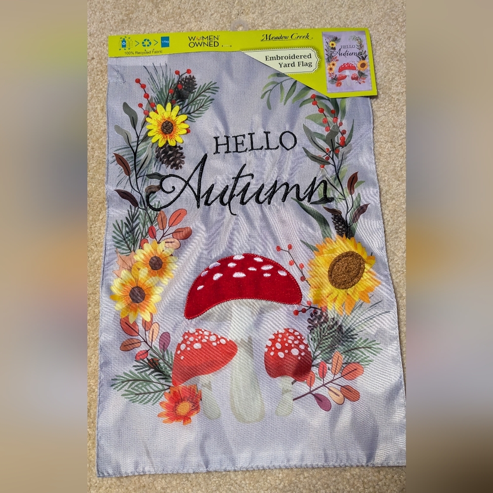 Meadow Creek - Hello Autumn Garden Flag Embroidered Mushroom Hand Stitch  New